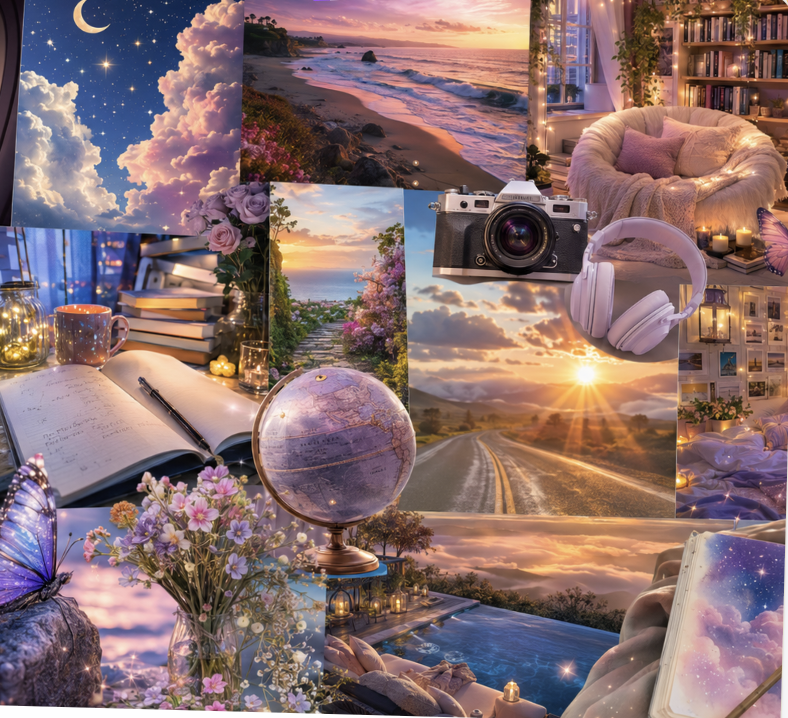A vision board made in Journal Spark with photos, stickers and quotes