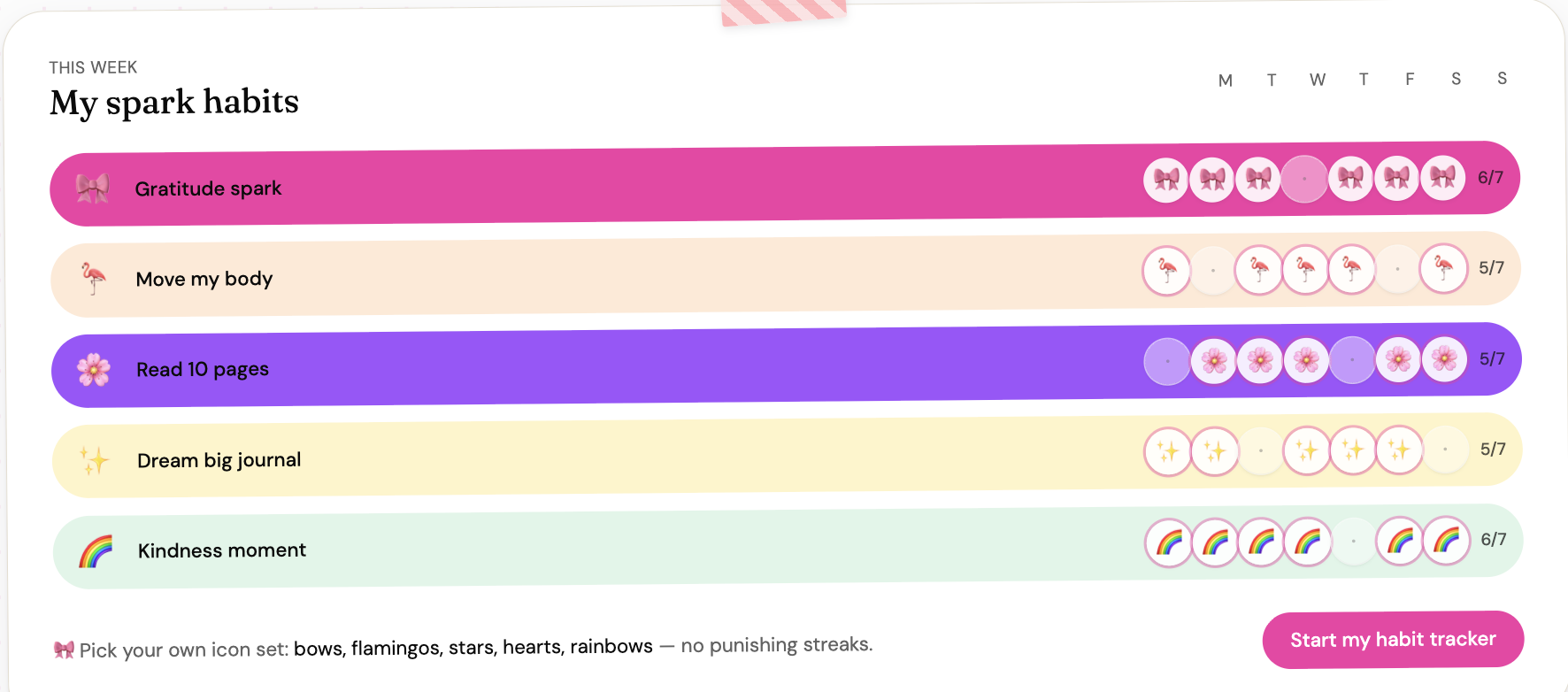Journal Spark habit tracker with bow and flamingo day markers