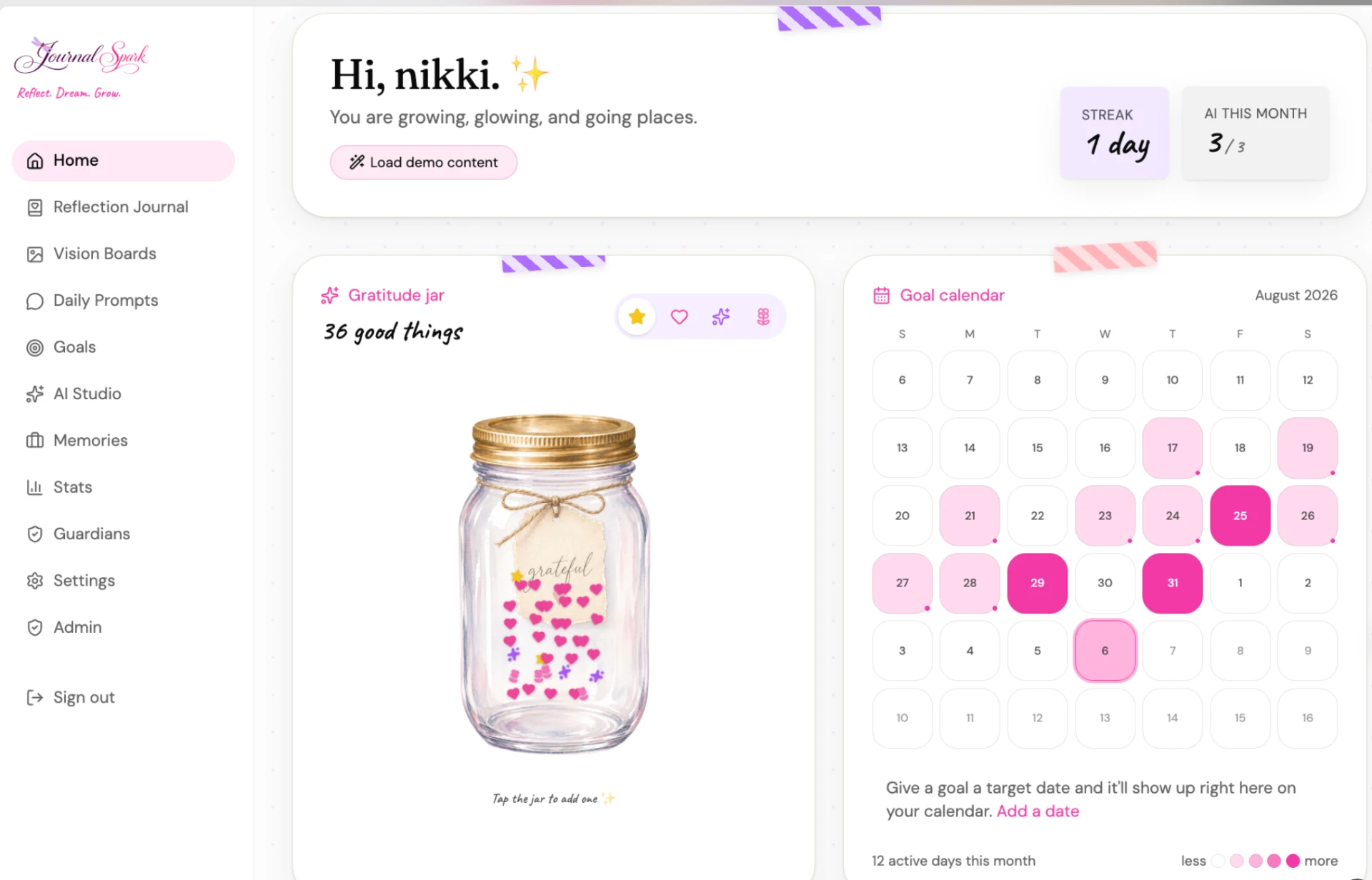 The Journal Spark dashboard showing daily sparks, goals and the gratitude jar