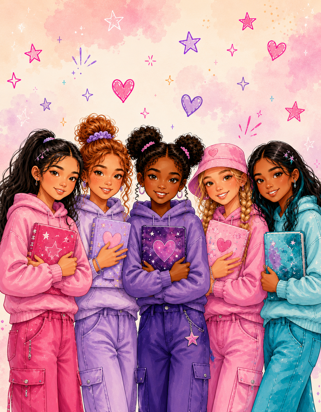 Five girls holding decorated journals, watercolor illustration
